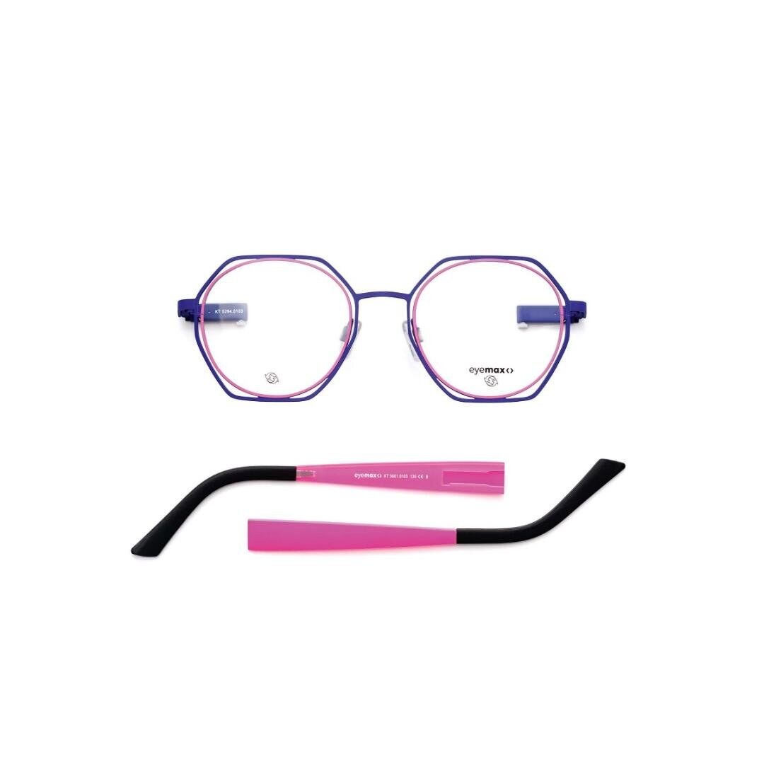 A pair of geometric eyeglasses with purple and pink rims, accompanied by one black and pink detachable temple arm and one all-black temple arm, displayed on a white background.
