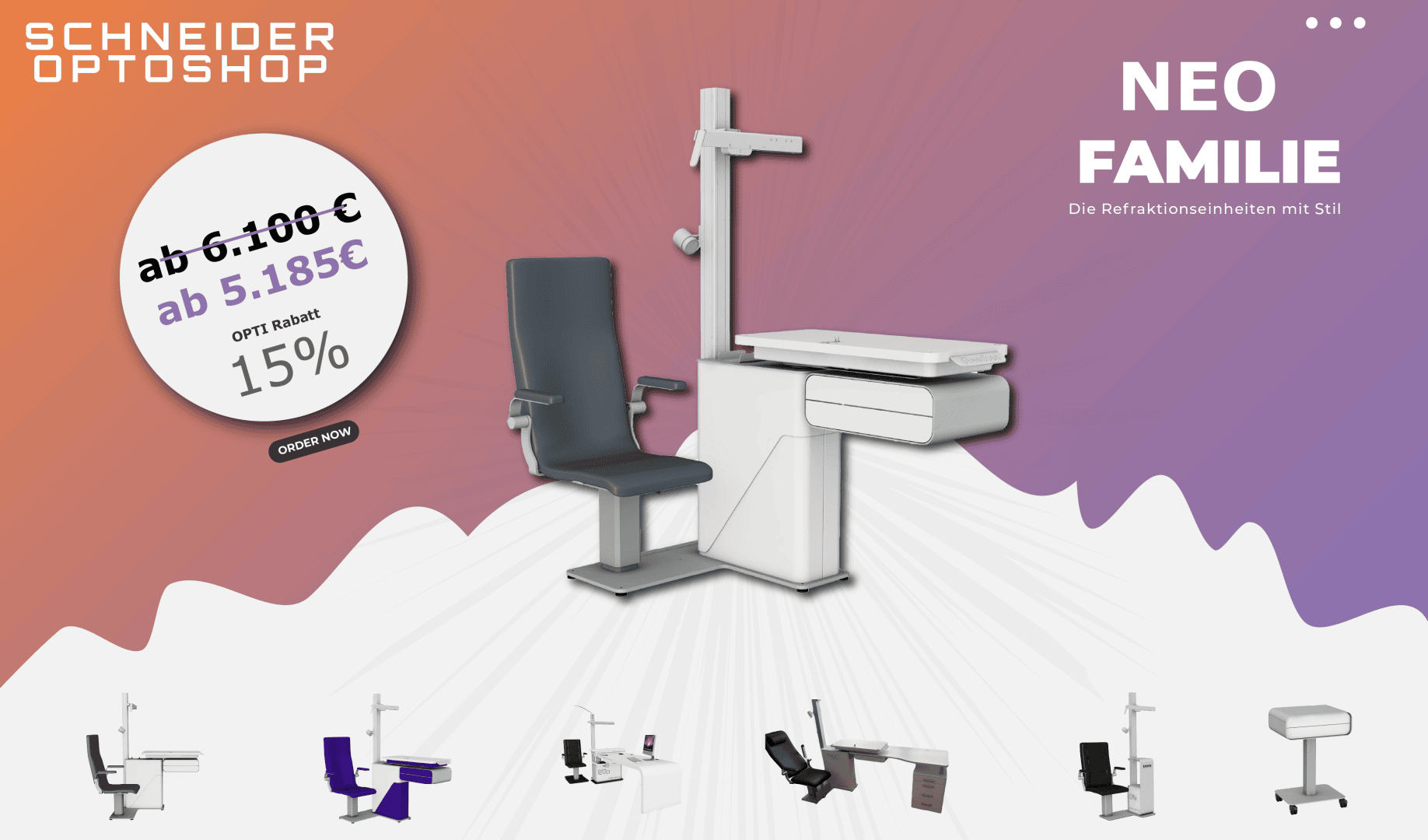 Advertising graphic for Schneider Optoshop showing a modern ophthalmologic refraction device with chair, a price tag with discount, the headline NEO FAMILY and small pictures of different device models at the bottom.