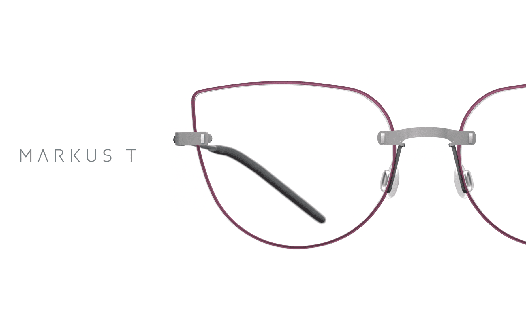 Minimalistische Brille mit dünnem, kastanienbraunem Rahmen und silbernem Nasensteg, dargestellt vor einem weiß-grünen Hintergrund mit dem Text MARKUS T auf der linken Seite.