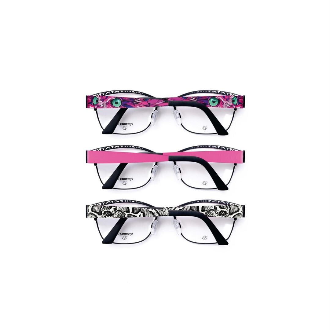 Three pairs of eyeglasses with patterned frames are arranged horizontally. The top pair has pink and teal accents, the middle pair features a monochrome pattern, and the bottom pair displays a black and white snakeskin design.