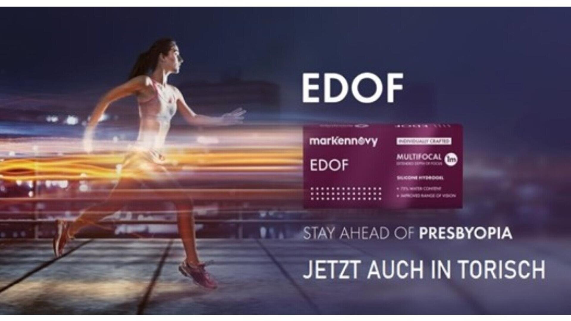 A woman in athletic wear runs on a track beside a box of markennovy EDOF multifocal contact lenses. Text reads: EDOF, Stay ahead of presbyopia, and Jetzt auch in torisch.