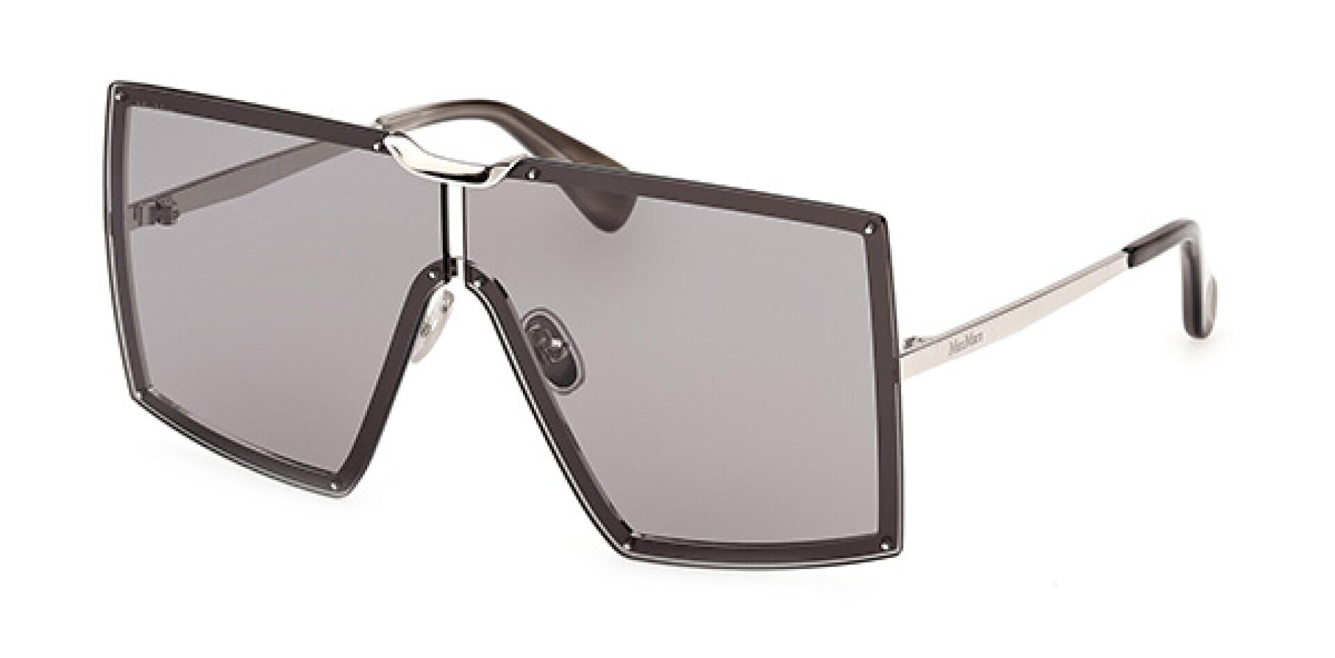 Futuristische Sonnenbrille mit übergroßen, quadratischen, dunkel getönten Gläsern und dünnen Metallbügeln, mit einer einzigartigen Metallbrücke und sichtbaren Schrauben an den Ecken.