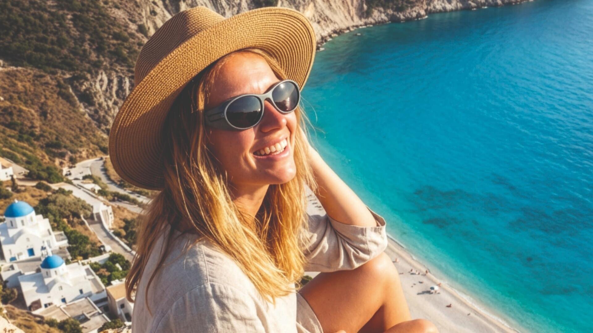 A smiling woman in side protection sunglasses and a sun hat sits on a cliff on a sunny day overlooking a turquoise sea and a sandy beach, with white buildings and cliffs in the background.