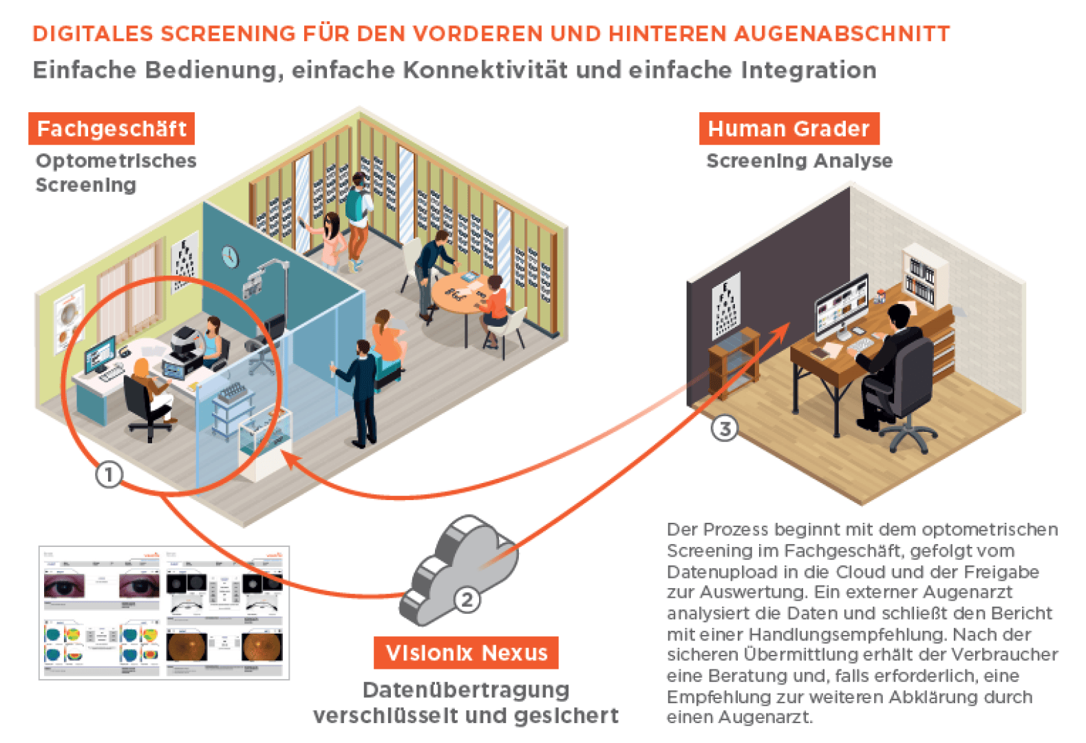 Illustration eines digitalen Augenscreening-Prozesses, der ein optometrisches Geschäft, die Datenübertragung über VisioLink Nexus und einen menschlichen Prüfer zeigt, der die Ergebnisse an einem Computer analysiert. Text und Pfeile erklären den sicheren Datenfluss und die Integrationsschritte.