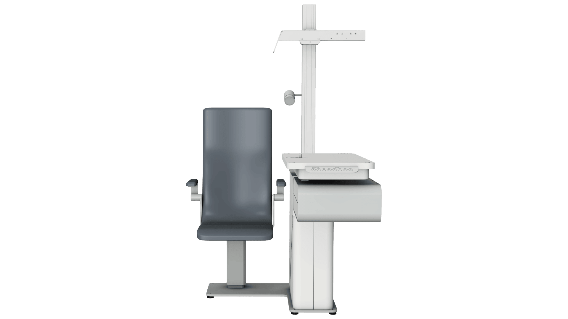 Vorderansicht eines modernen ophthalmologischen Untersuchungsstuhls mit dunklem, gepolstertem Sitz und Armlehnen sowie einem angebrachten Instrumentenständer, der für Sehtests in Kliniken verwendet wird.
