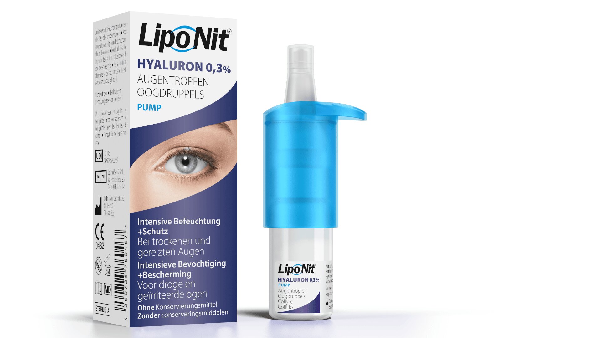 Abgebildet sind eine Schachtel und eine Flasche mit LipoNit Hyaluron 0,3% Augentropfen. Auf der Schachtel ist ein blaues Auge abgebildet, der Text ist auf Deutsch und Niederländisch. Die Flasche hat einen blauen Verschluss und ein weißes Etikett mit Produktinformationen.