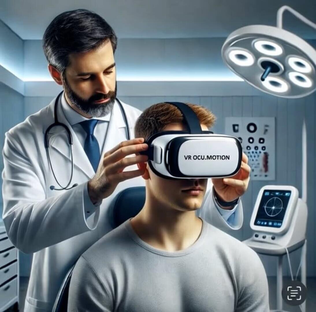A doctor puts a VR headset labeled VR COLMOTION on a seated patient in a modern medical examination room in which medical equipment and operating lights can be seen.