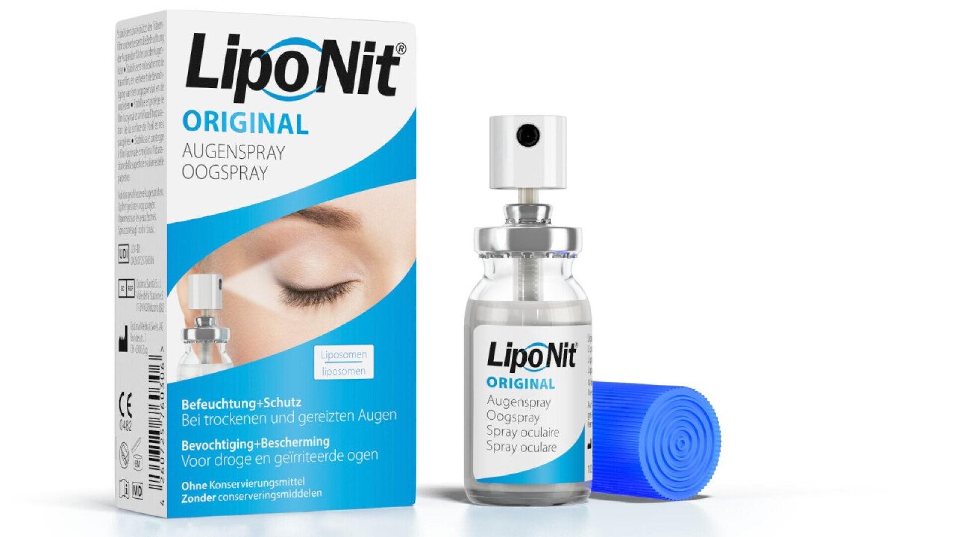 A box and bottle of LipoNit Original eye spray are shown. The box displays the product’s name in blue and black text with an image of an eye. A blue cap lies next to the transparent spray bottle.