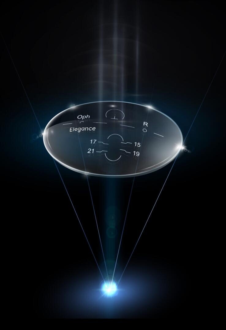 Eine durchsichtige, kreisförmige Linse schwebt über einem blau leuchtenden Licht. Auf ihrer Oberfläche sind Markierungen wie Oph, Elegance, R und die Zahlen 17, 15, 19 und 21 zu sehen, die von Lichtstrahlen umgeben sind.