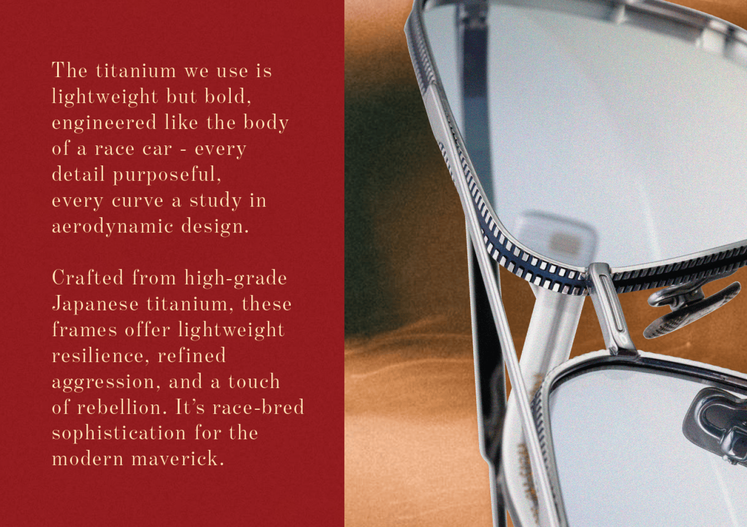 A close-up of sleek, silver titanium eyeglasses is shown on the right, with a red panel on the left featuring text describing the frames as lightweight, resilient, and inspired by race car engineering for modern sophistication.