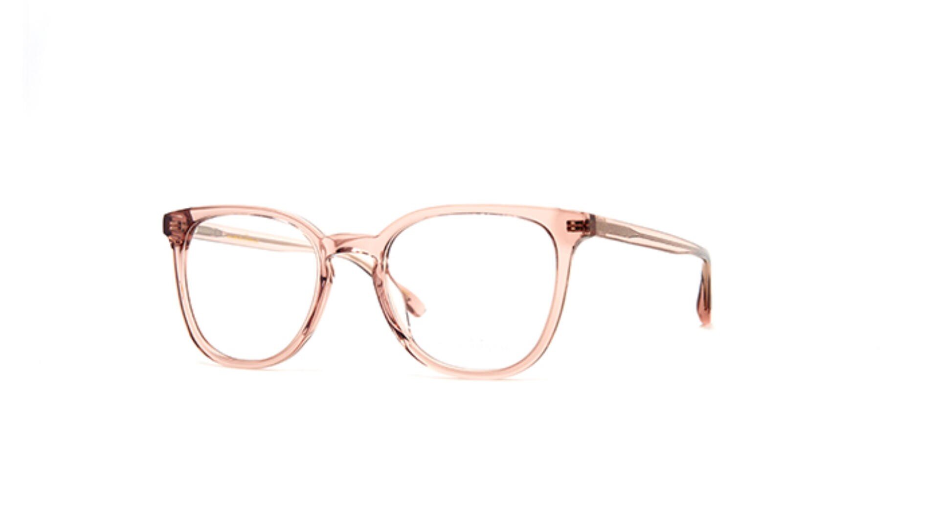 A pair of eyeglasses with clear, light pink plastic frames and rectangular lenses, displayed on a white background.