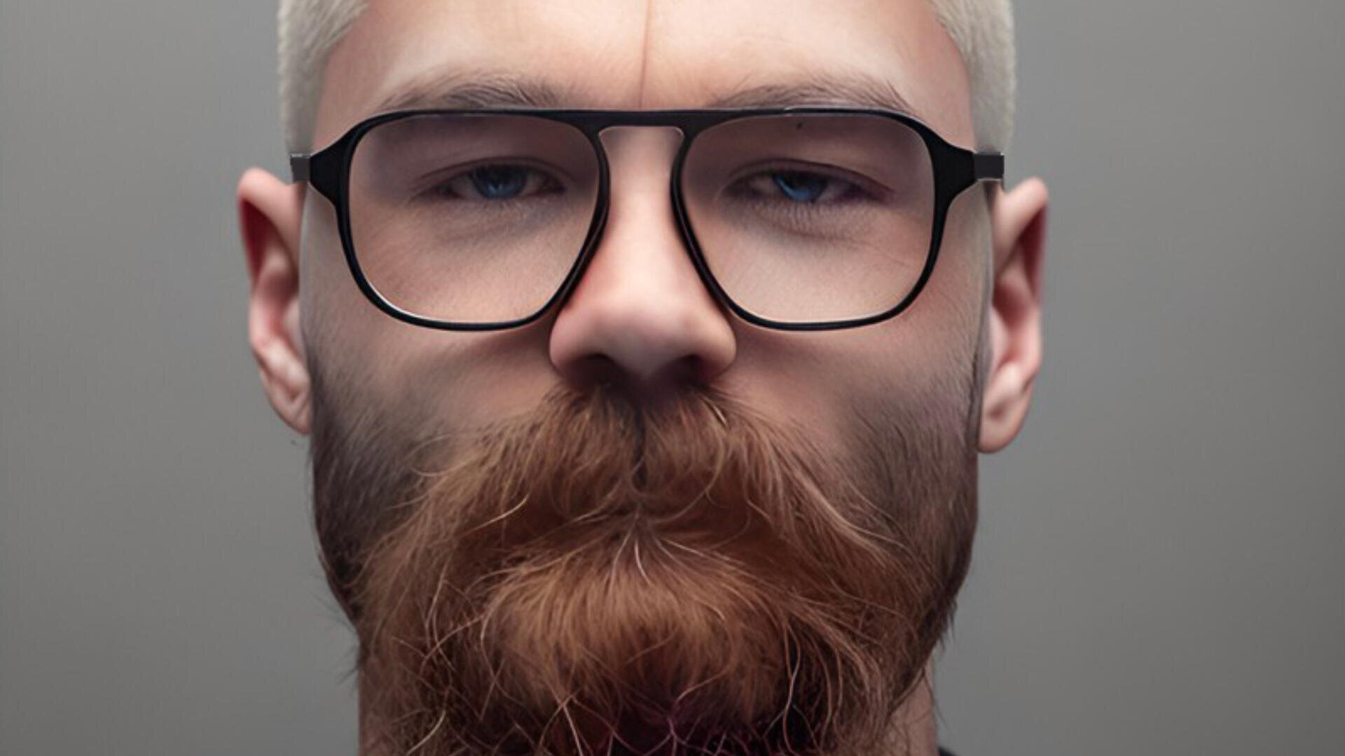 Eine Nahaufnahme eines Mannes mit heller Haut, einer schwarz umrandeten Brille und einem dichten braunen Bart und Schnurrbart. Er hat kurzes, hellblondes Haar und steht vor einem neutralen grauen Hintergrund.