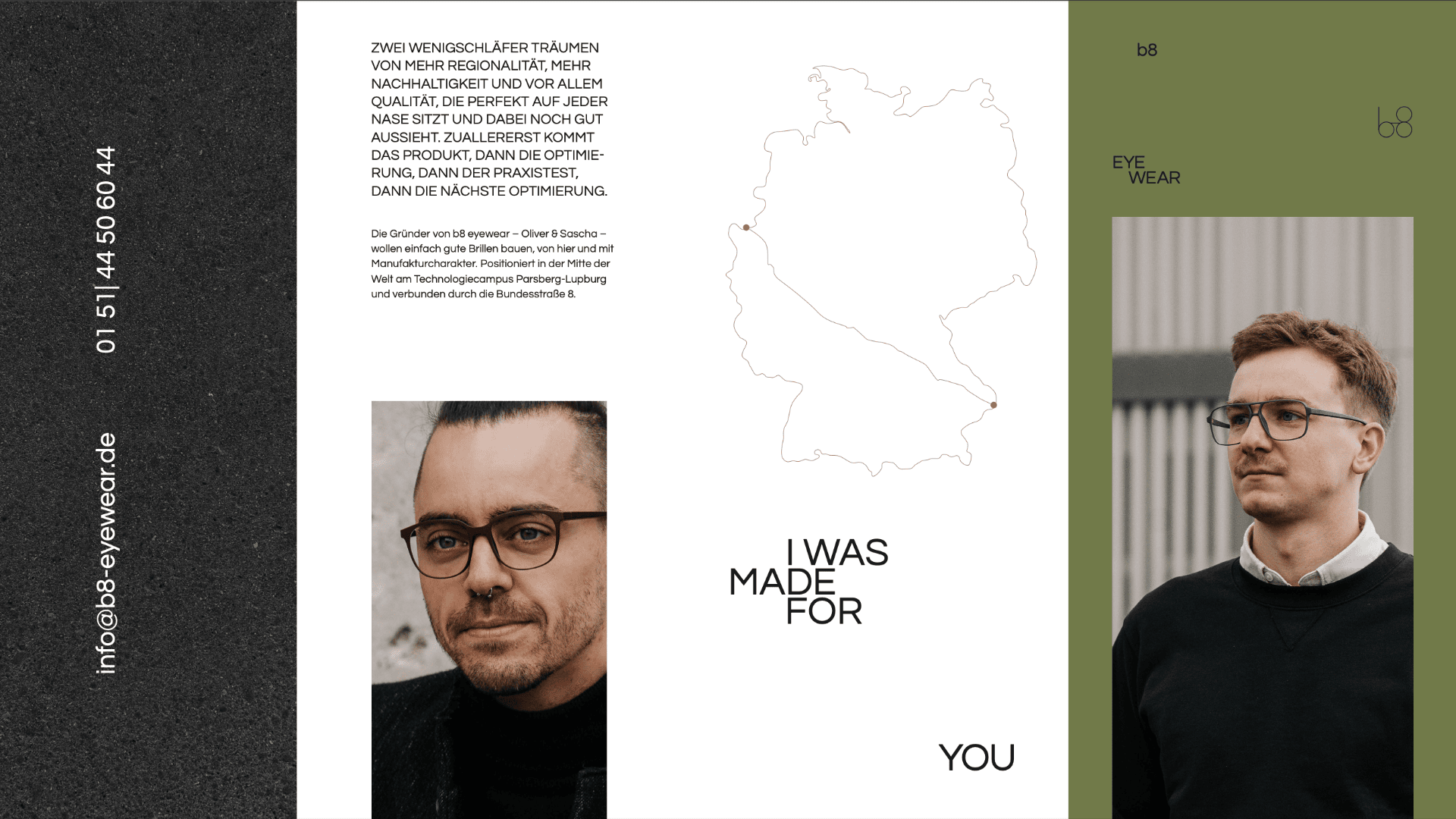 A modern eyewear ad featuring two photos of a man with glasses, a minimal map outline of Germany, and text describing German quality. The left sidebar shows contact details, and I WAS MADE FOR YOU is centered below the map.
