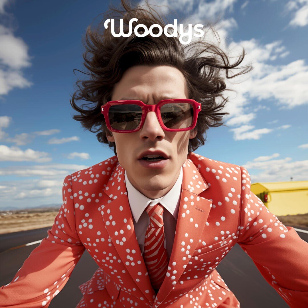 Ein Mann mit welligem Haar trägt eine große rote Sonnenbrille und einen orangefarbenen gepunkteten Anzug mit passender Krawatte und steht im Freien unter einem blauen Himmel. Über seinem Kopf steht das Wort „Woodys“.