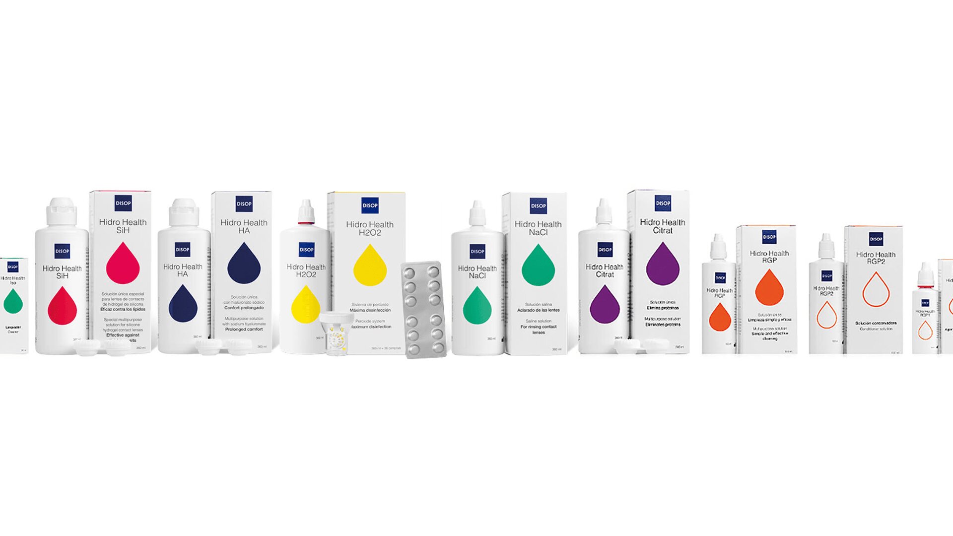Eine Reihe verschiedener Hydro-Health-Ergänzungsprodukte in weißen Verpackungen, jedes mit einem andersfarbigen Tropfensymbol und Etikett, die in einer Reihe vor einem weißen Hintergrund angeordnet sind.