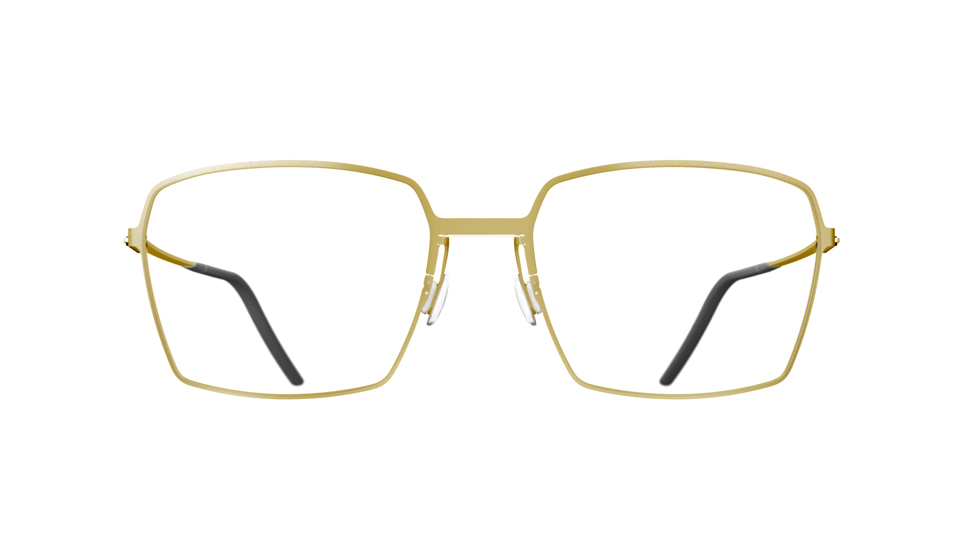 Gold, geometric eyeglass frames with a double bridge and black temple tips, viewed from the front on a transparent background.