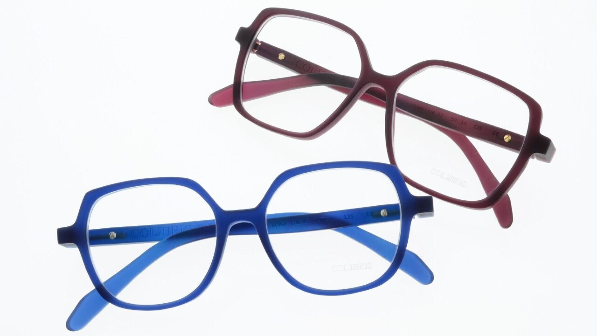 Abgebildet sind zwei Brillen mit großen, geometrischen Rahmen. Eine Brille ist blau, die andere burgunderrot, beide mit matter Oberfläche, vor weißem Hintergrund.