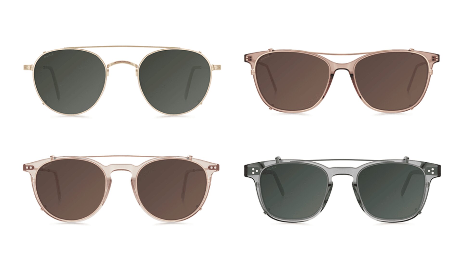 Ein Set aus vier Sonnenbrillen mit unterschiedlichen Rahmenformen und -farben, angeordnet in zwei Reihen vor weißem Hintergrund. Jede Brille verfügt über dunkel getönte Gläser.