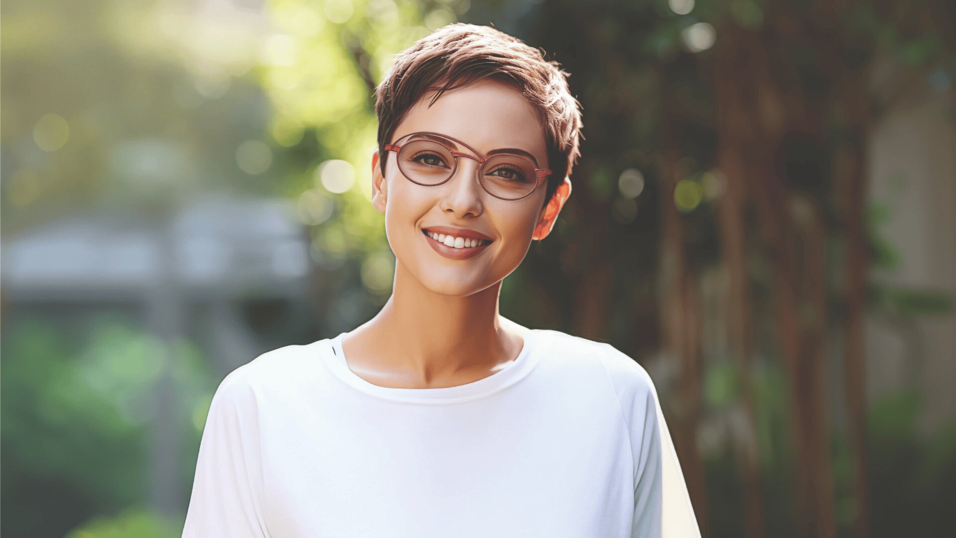 Eine junge Frau mit kurzen braunen Haaren und Brille lächelt warm und trägt ein weißes Hemd. Sie steht im Freien mit grünem Laub und sanftem Sonnenlicht im Hintergrund.