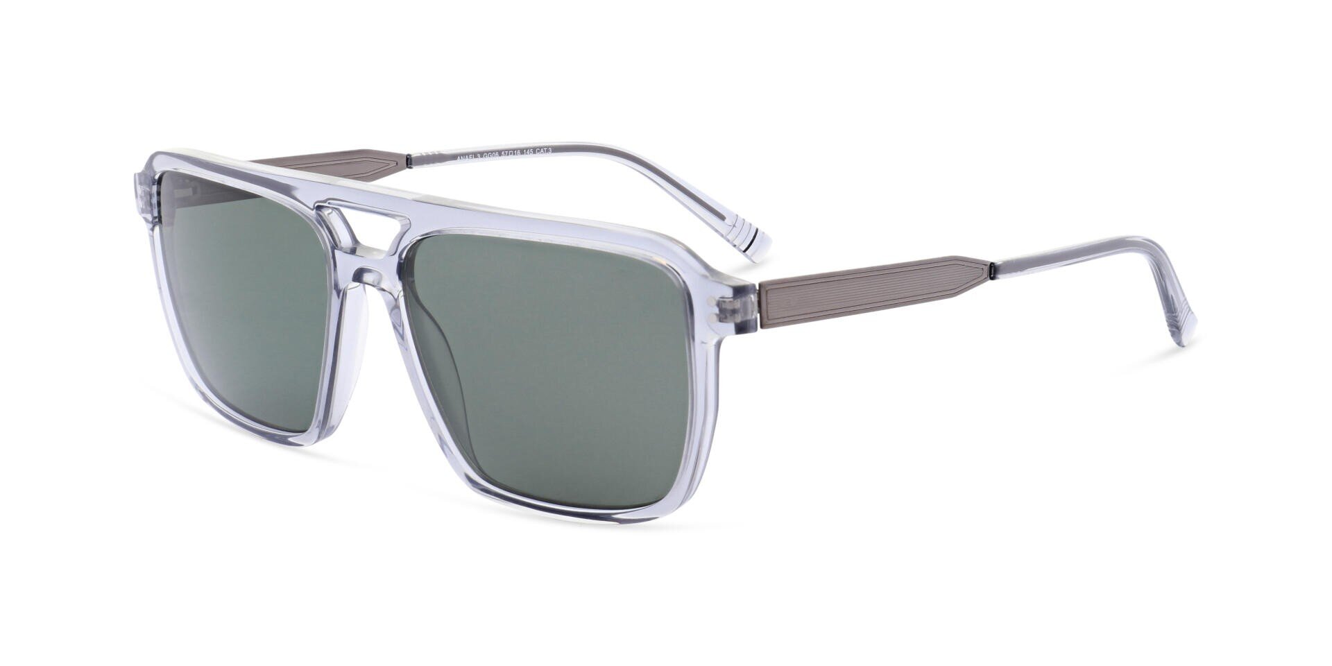Sunglasses with a clear, rectangular frame, green-tinted lenses, metal temples and a modern, geometric design.