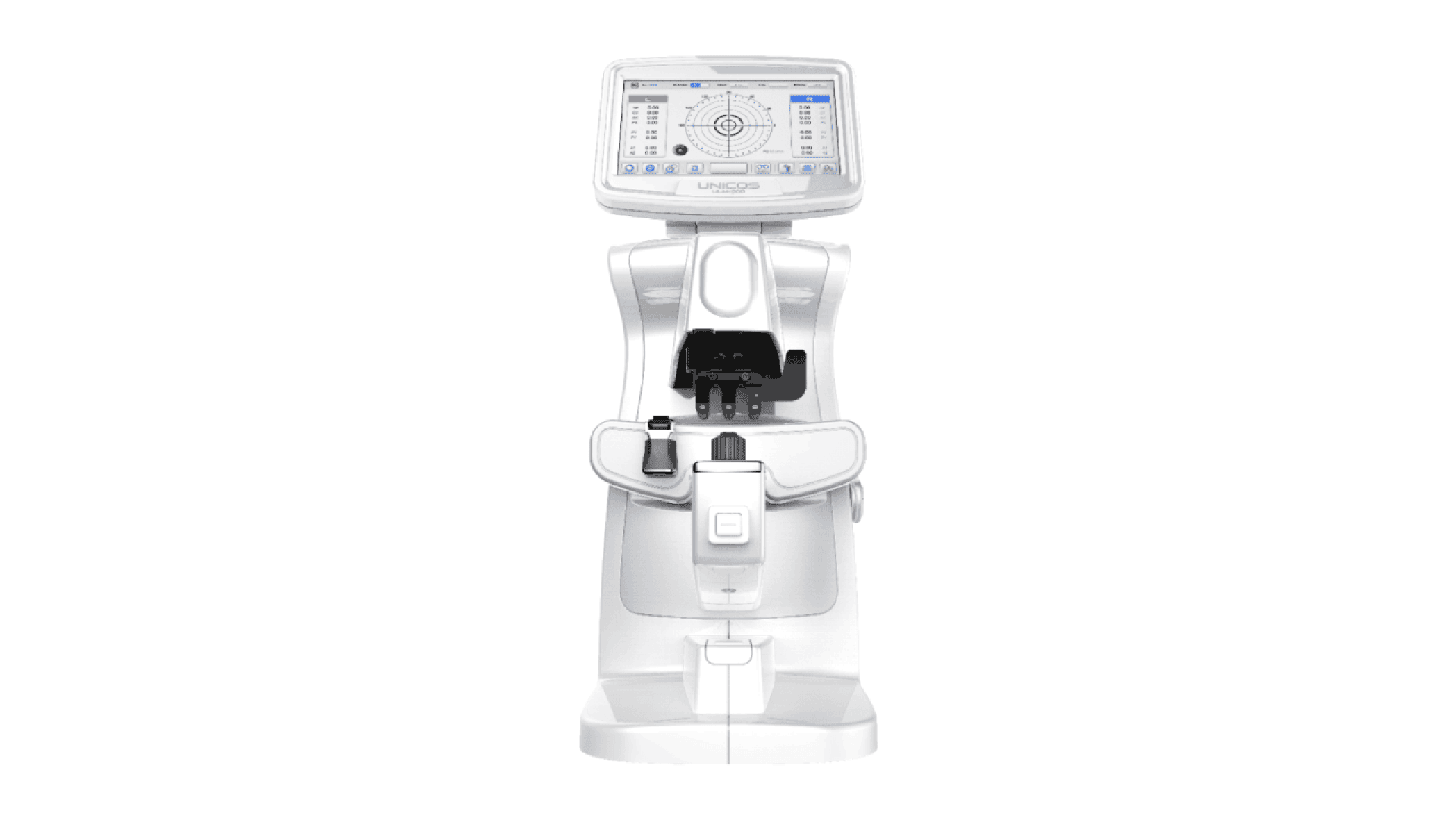 A white, modern ophthalmic diagnostic device with a digital display screen and adjustable chin rest, used for eye examinations, shown against a plain background.