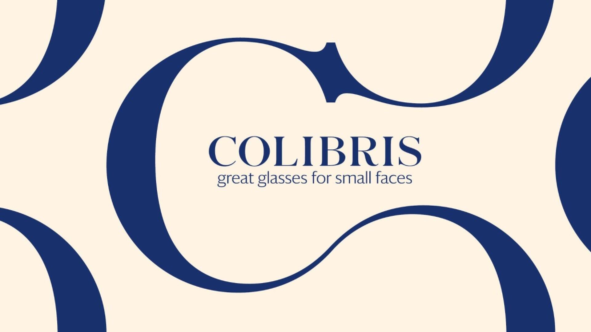 Logo for Colibris with the tagline great glasses for small faces, featuring elegant, oversized dark blue curves on a light beige background.