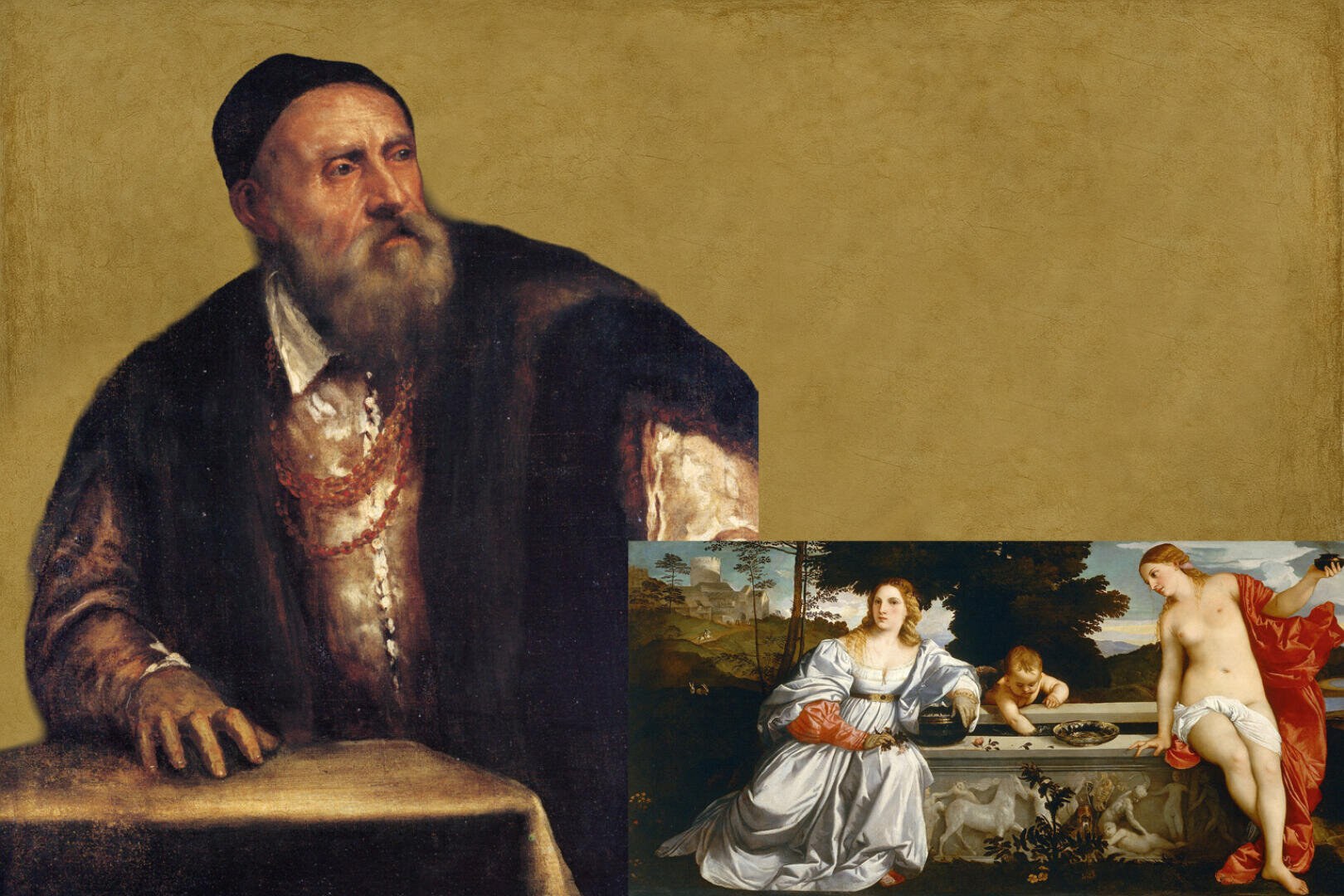 The portrait of an elderly man with a beard and dark clothes in the Renaissance style is fused with a classical painting showing two women and a figure of Cupid sitting outdoors by a pool of water.