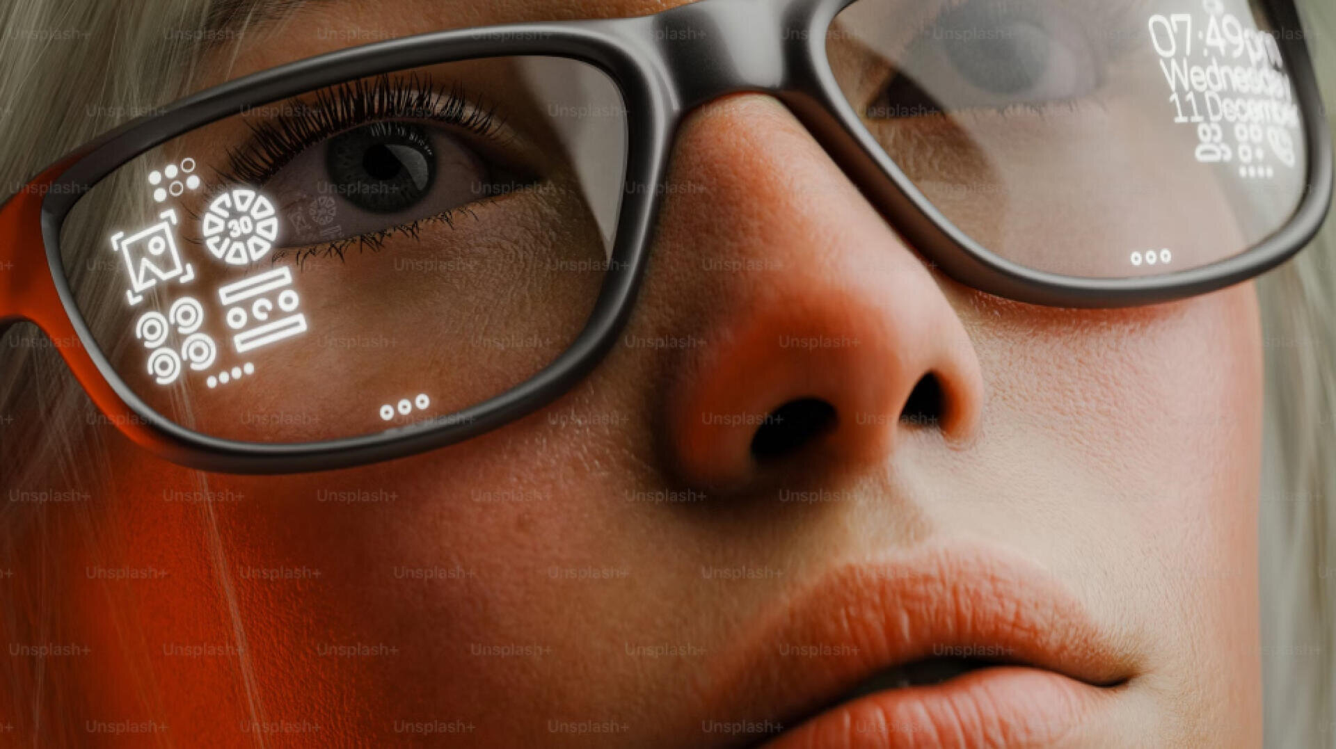 Close-up of a persons face wearing smart glasses displaying digital icons and text on the lenses, including the time, date, and various interface elements, reflecting a futuristic augmented reality technology.