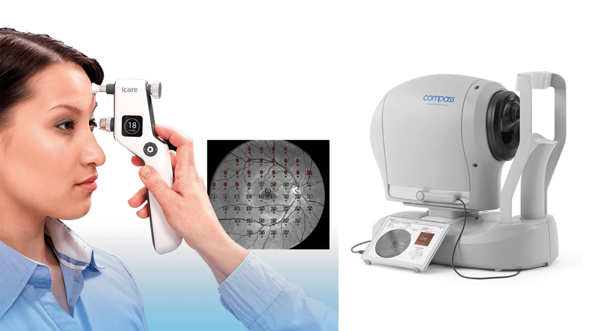 Eine Frau unterzieht sich einem Augendrucktest mit einem Handgerät. In der Nähe steht ein Augendiagnosegerät mit einem Bildschirm, auf dem die Ergebnisse des Sehtests und ein Bild eines Gesichtsfeldtests angezeigt werden.