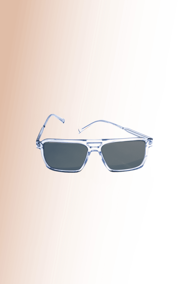 Rectangular sunglasses with transparent frames and dark lenses are shown against a background with a soft beige and white gradient.