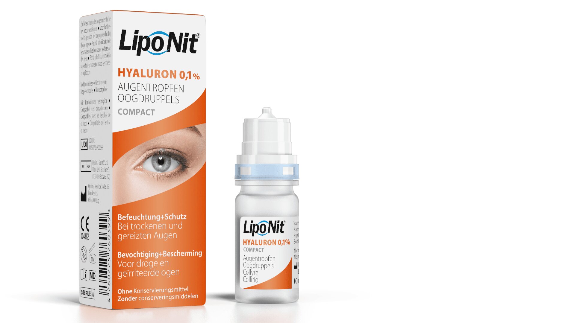 Schachtel und Flasche LipoNit Hyaluron 0,1 % Augentropfen für trockene und gereizte Augen, mit der Abbildung eines Auges auf der Schachtel und Produktinformationen in deutscher und niederländischer Sprache.