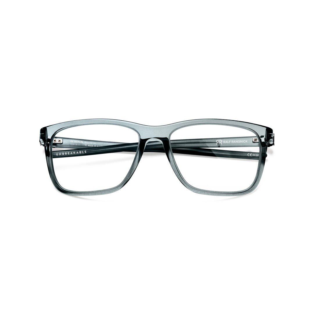 Durchscheinende graue Brille mit rechteckigem Rahmen, von vorne vor einem weißen Hintergrund gezeigt.