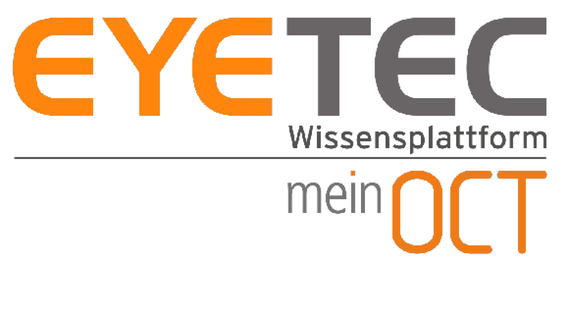 Logo mit der Aufschrift EYE TEC Wissensplattform mein OCT in orangefarbener und grauer Schrift, mit Linien zwischen den Wörtern und einem modernen, minimalistischen Design.