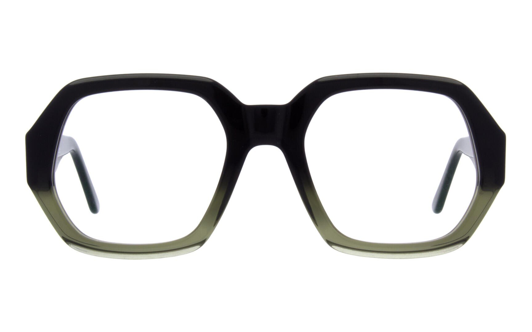 Vorderansicht einer großen, geometrischen Brille mit dicken, schwarzen oberen Rändern, die unten in ein helleres, durchscheinendes Grün übergehen. Der Rahmen hat ein kühnes, übergroßes und kantiges Design.