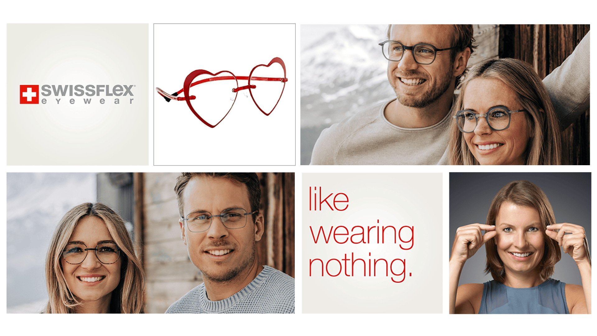 A collage showing Swissflex Eyewear logo, red heart-shaped glasses, smiling people wearing glasses, text like wearing nothing, and a woman putting on glasses.