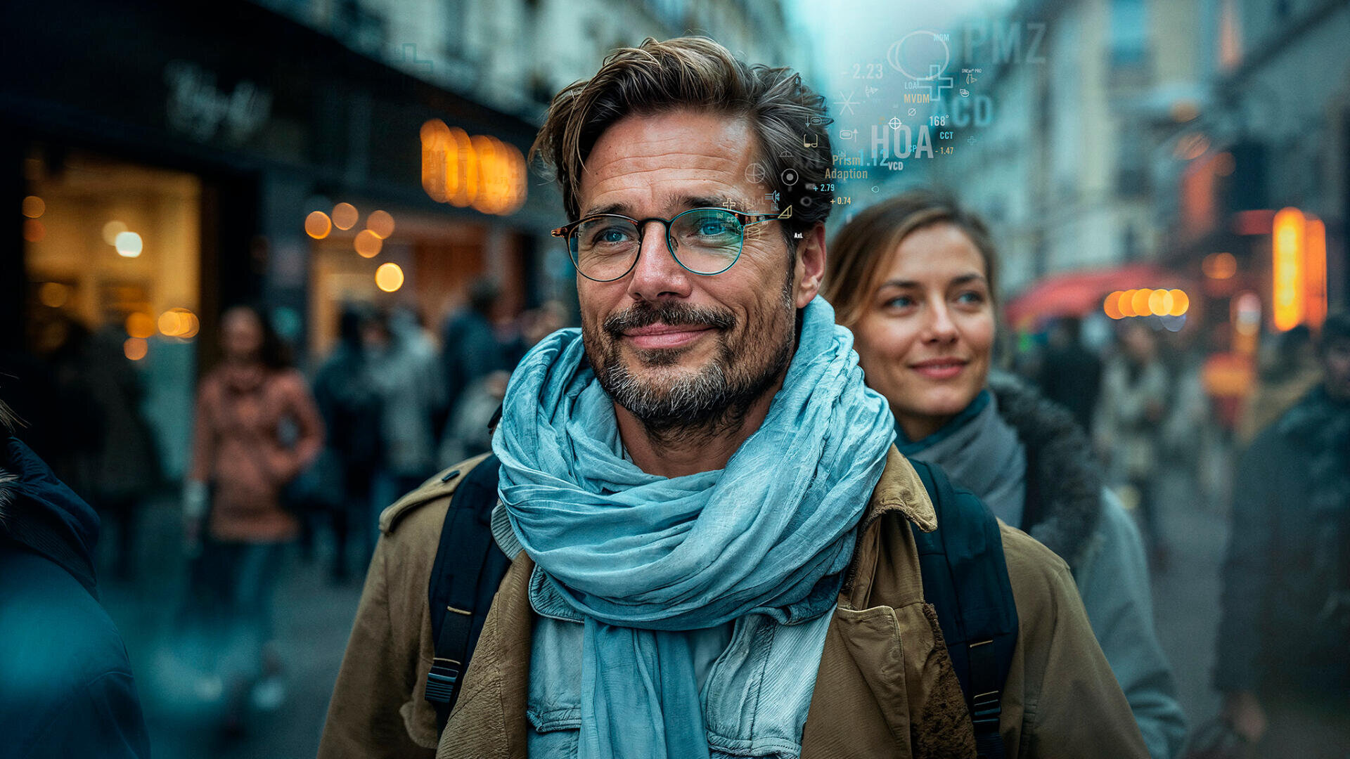 Ein lächelnder Mann mit Brille und blauem Schal läuft mit einem Rucksack durch eine belebte Stadtstraße. Hinter ihm geht eine Frau. Die Straße ist voller Menschen und leuchtender Ladenlichter.