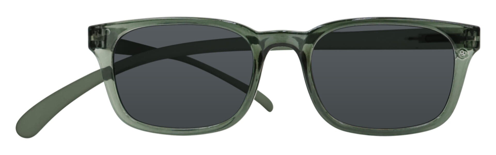Square-shaped sunglasses with translucent green frames and dark lenses, shown from the front with the temple arms partially open and crossing behind the lenses.