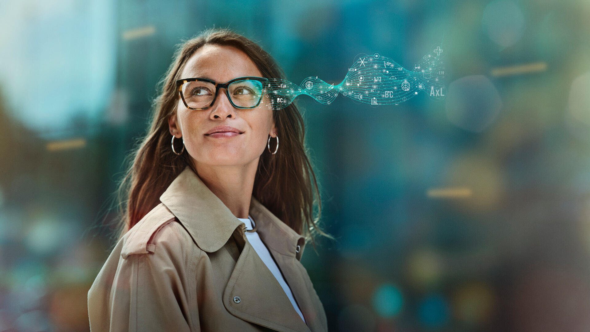 A woman wearing glasses and a beige coat looks up and smiles. Abstract digital symbols and numbers flow from her glasses, representing technology or data visualization. The background is blurred and colorful.