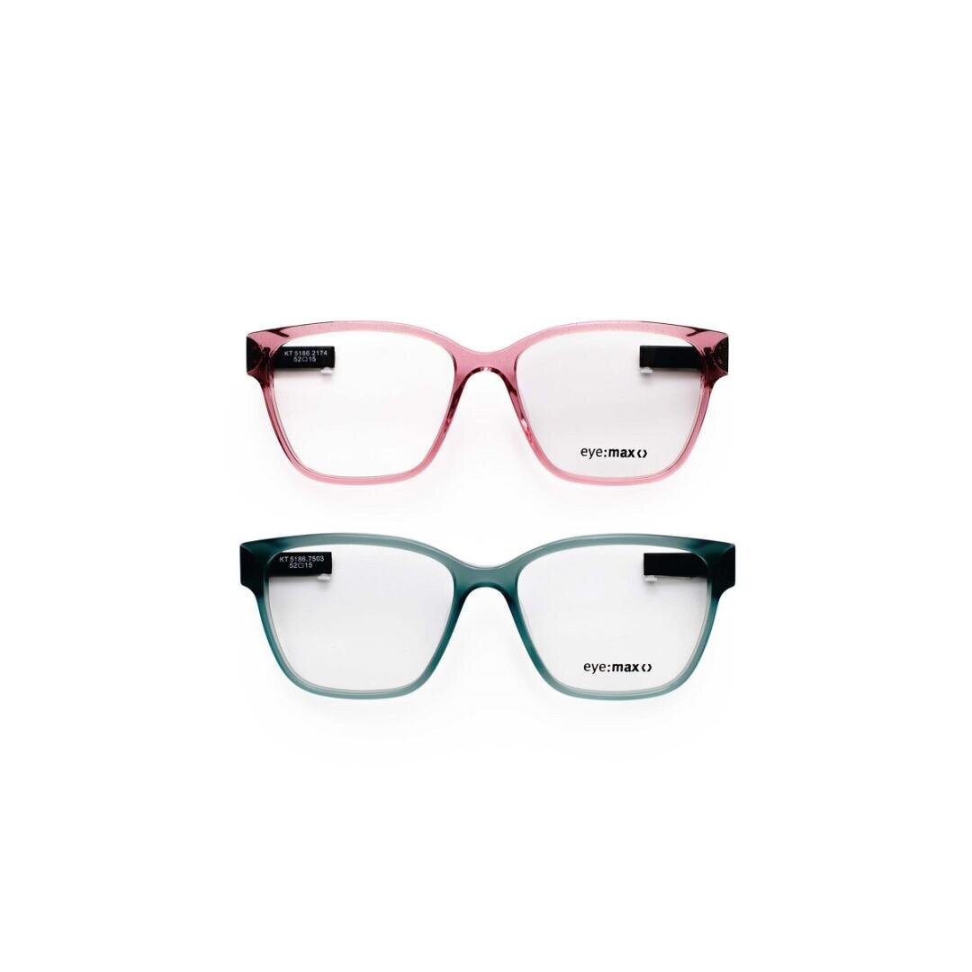 Two pairs of glasses with rectangular frames are shown on a white background. The top pair is pink, the bottom pair is blue-green. Both frames have black accents at the top corners.