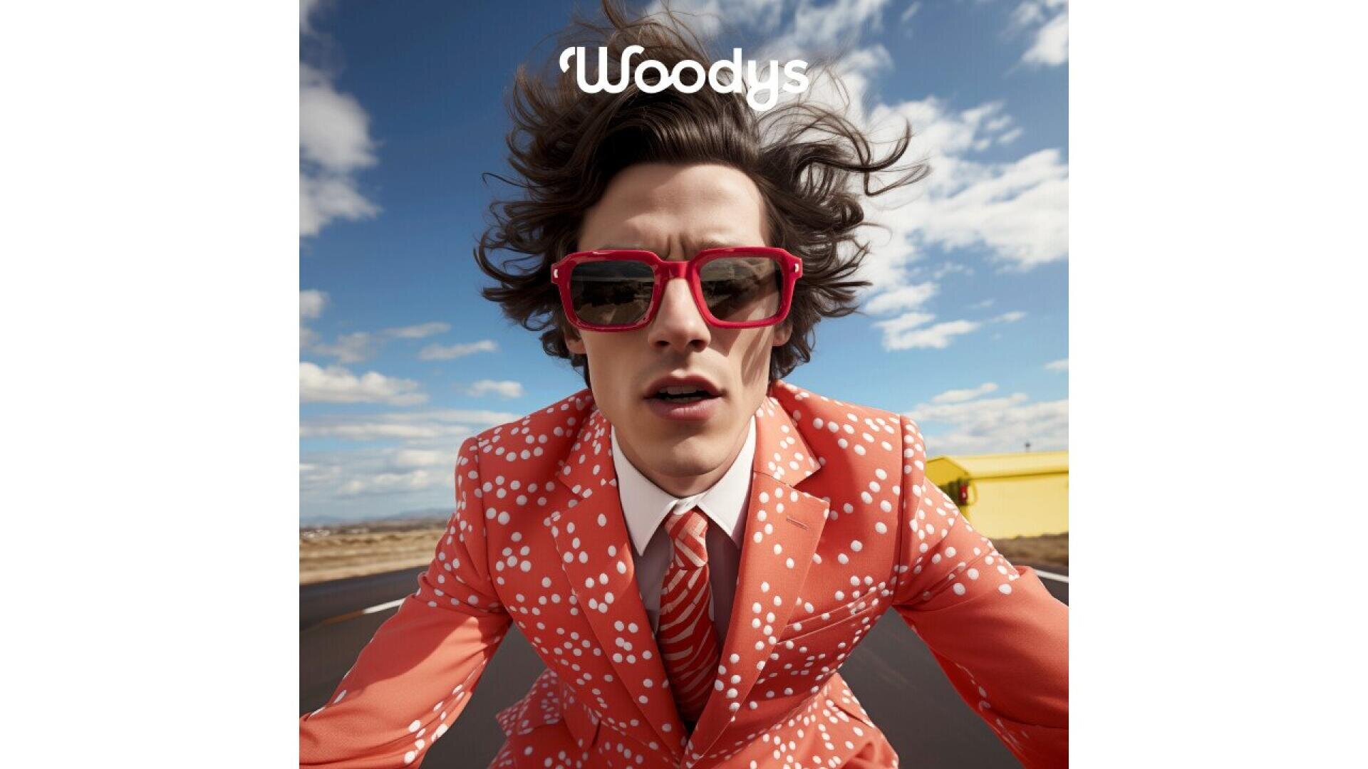 A person with wavy hair wears bold red sunglasses and an orange polka dot suit with a matching tie, posing outdoors under a blue sky. The word Woodys appears at the top of the image.
