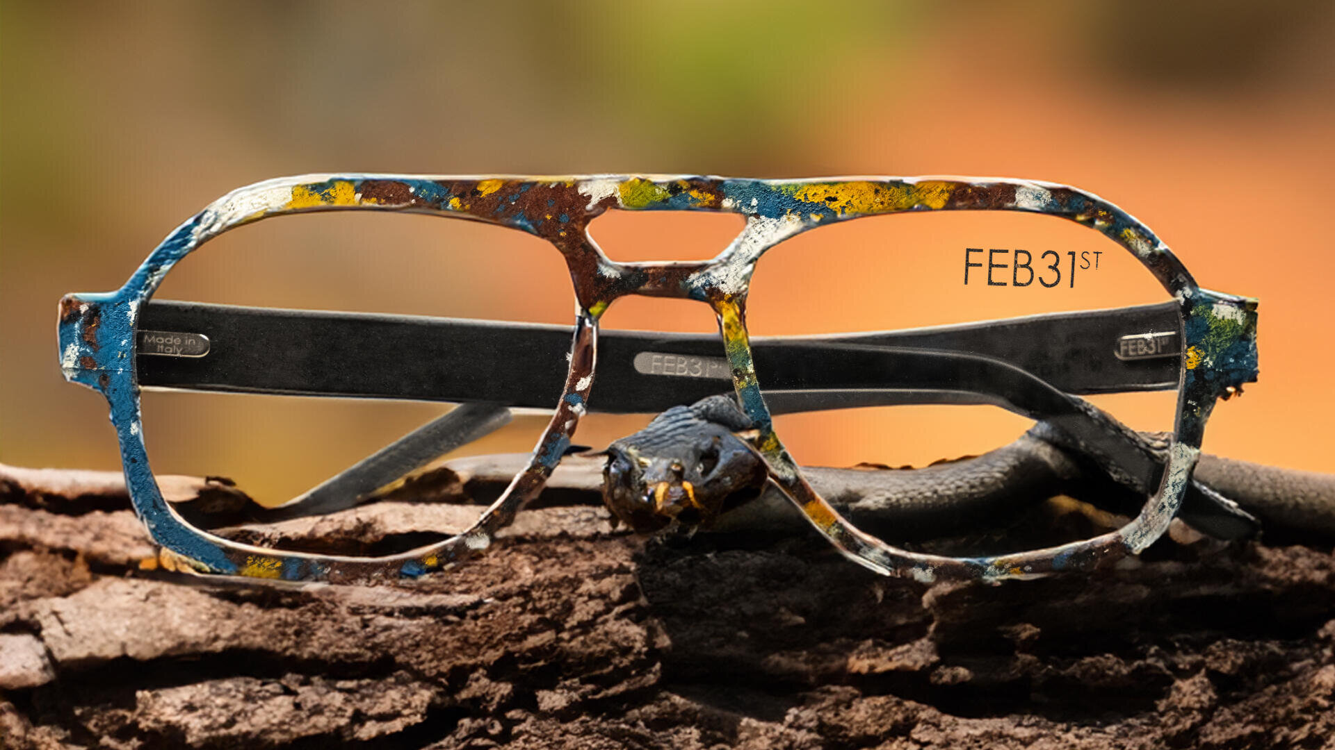 Eine bunte, gesprenkelte Brille mit der Aufschrift „FEB 31st“ auf den Gläsern liegt auf einem Baumstamm, während vor einem unscharfen natürlichen Hintergrund eine kleine schwarze Eidechse durch den Rahmen kriecht.