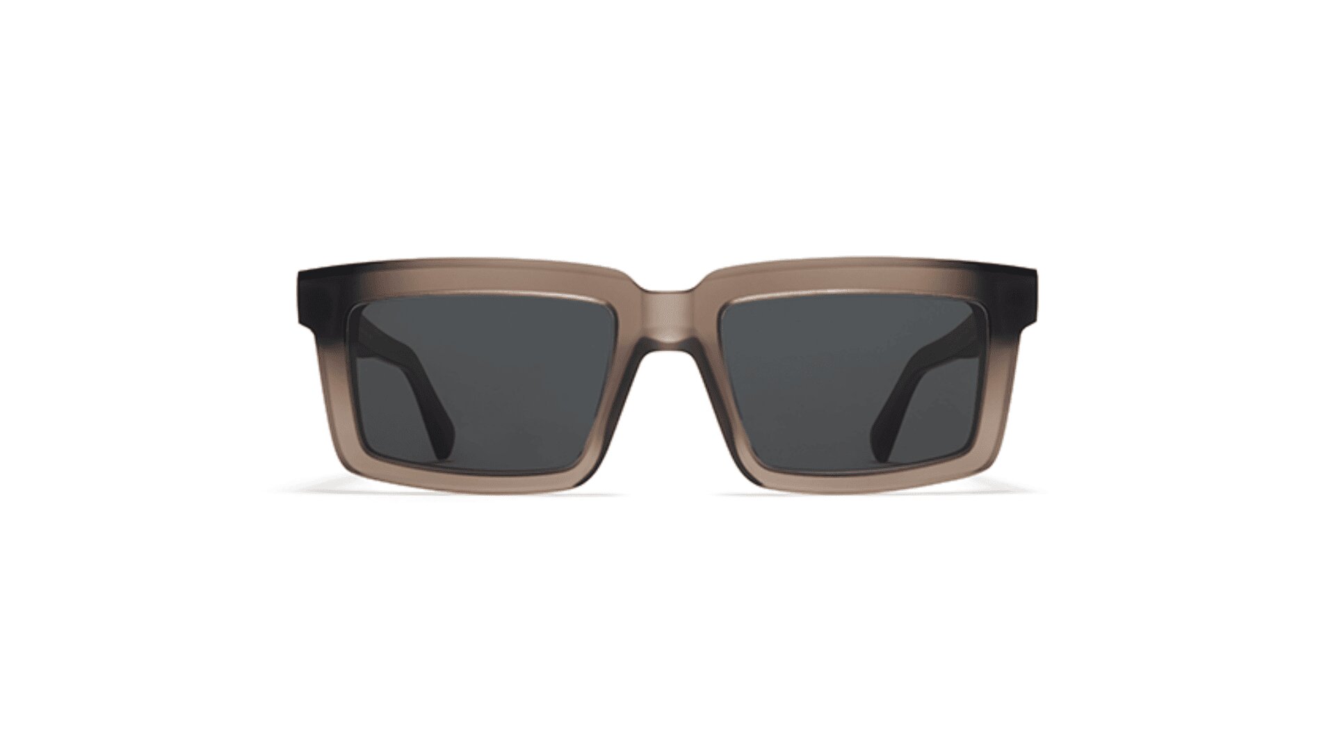 Rectangular sunglasses with thick, brown and black gradient frames and dark lenses, shown against a white background.