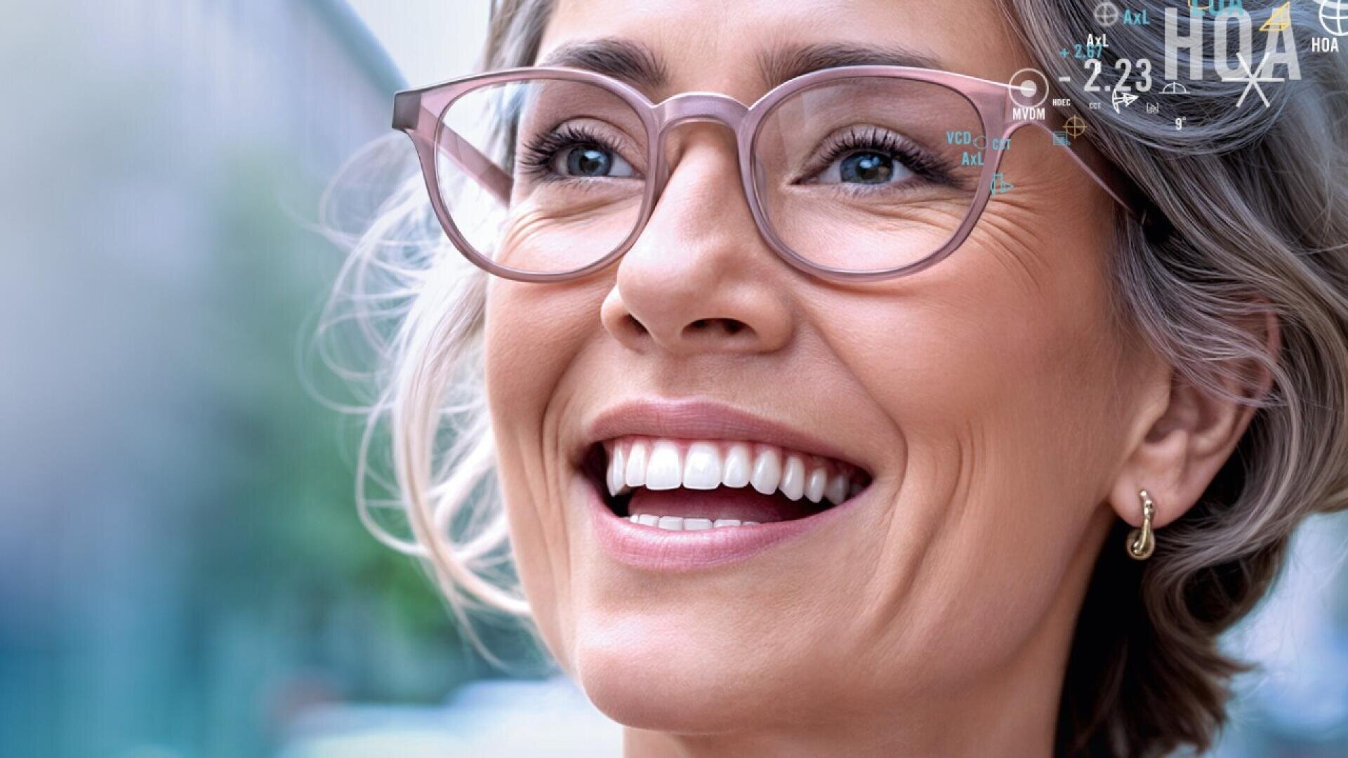 Close-up of a smiling woman with short gray hair wearing pink glasses and gold earrings, standing outdoors. Digital graphics overlay futuristic icons near her face. The background is blurred.