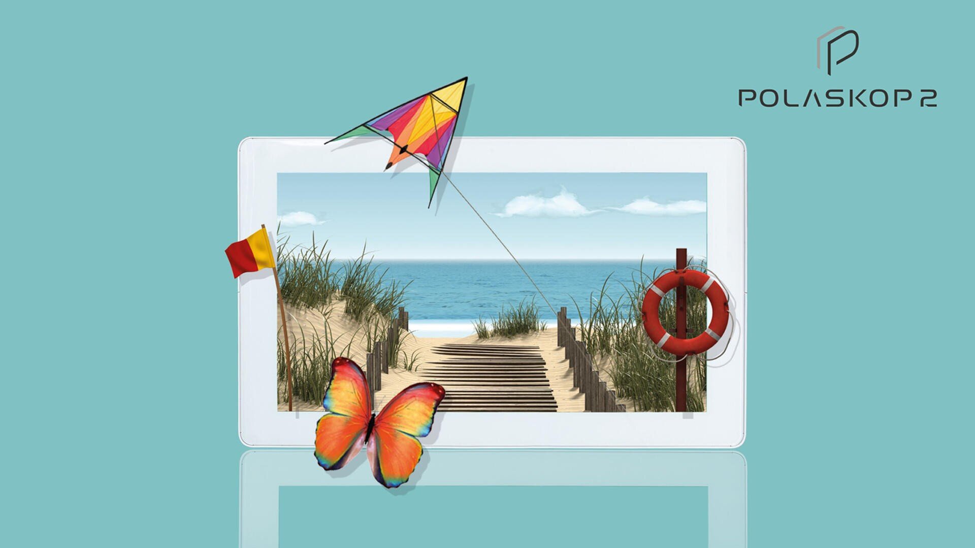 Ein weißer digitaler Rahmen zeigt eine Strandszene mit Sanddünen und dem Meer. Ein Drachen, ein Schmetterling und eine Rettungsboje scheinen aus dem Rahmen zu kommen. Das Polaskop2-Logo befindet sich in der oberen rechten Ecke auf einem blaugrünen Hintergrund.