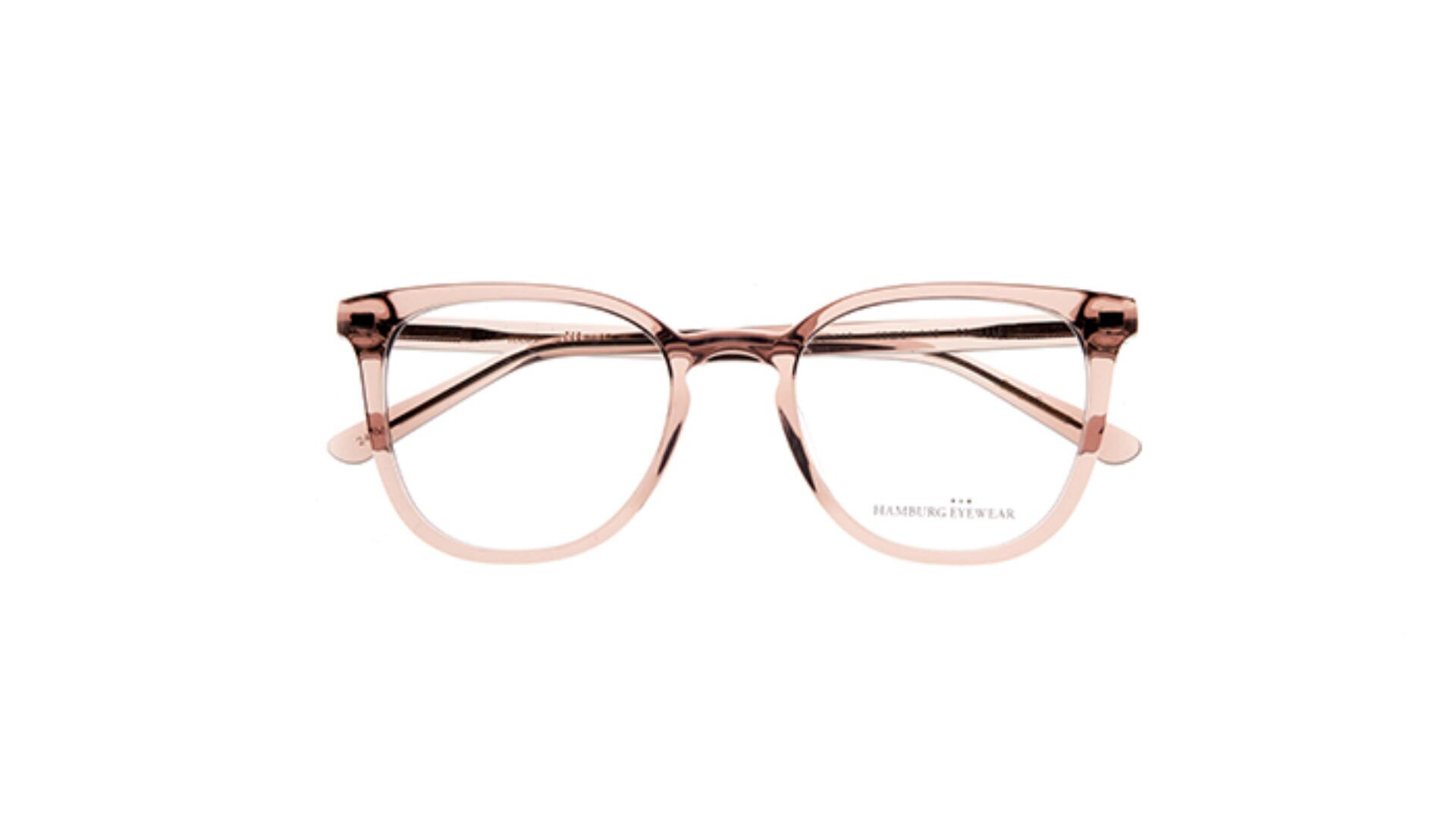 Rose gold, square-framed eyeglasses with clear lenses, displayed on a white background.