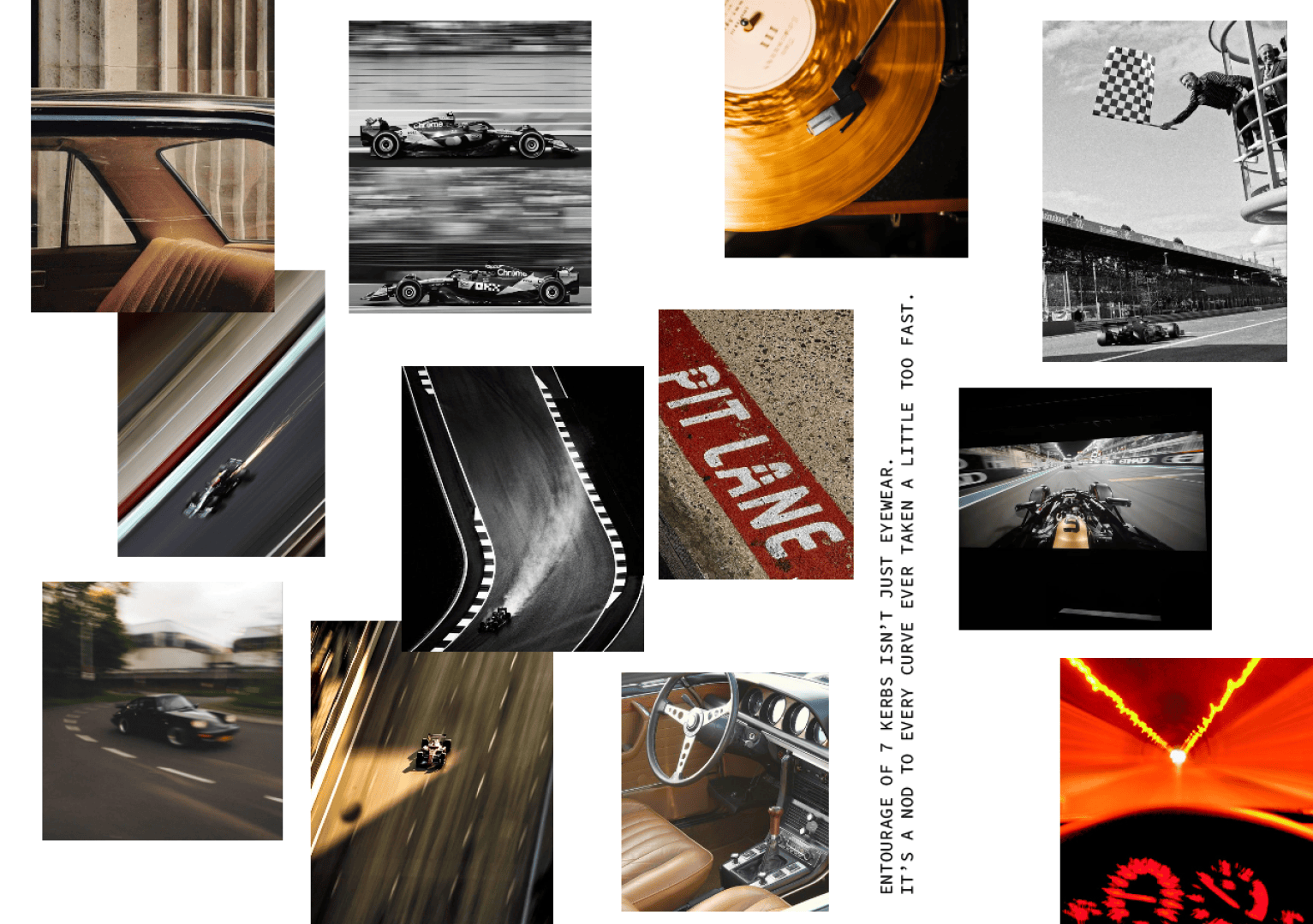 A collage of racing-themed photos: Formula 1 cars on track, blurred motion shots, a checkered flag, steering wheels, a vinyl record, and “PITLANE” text, with a quote about endurance and risk on the right.