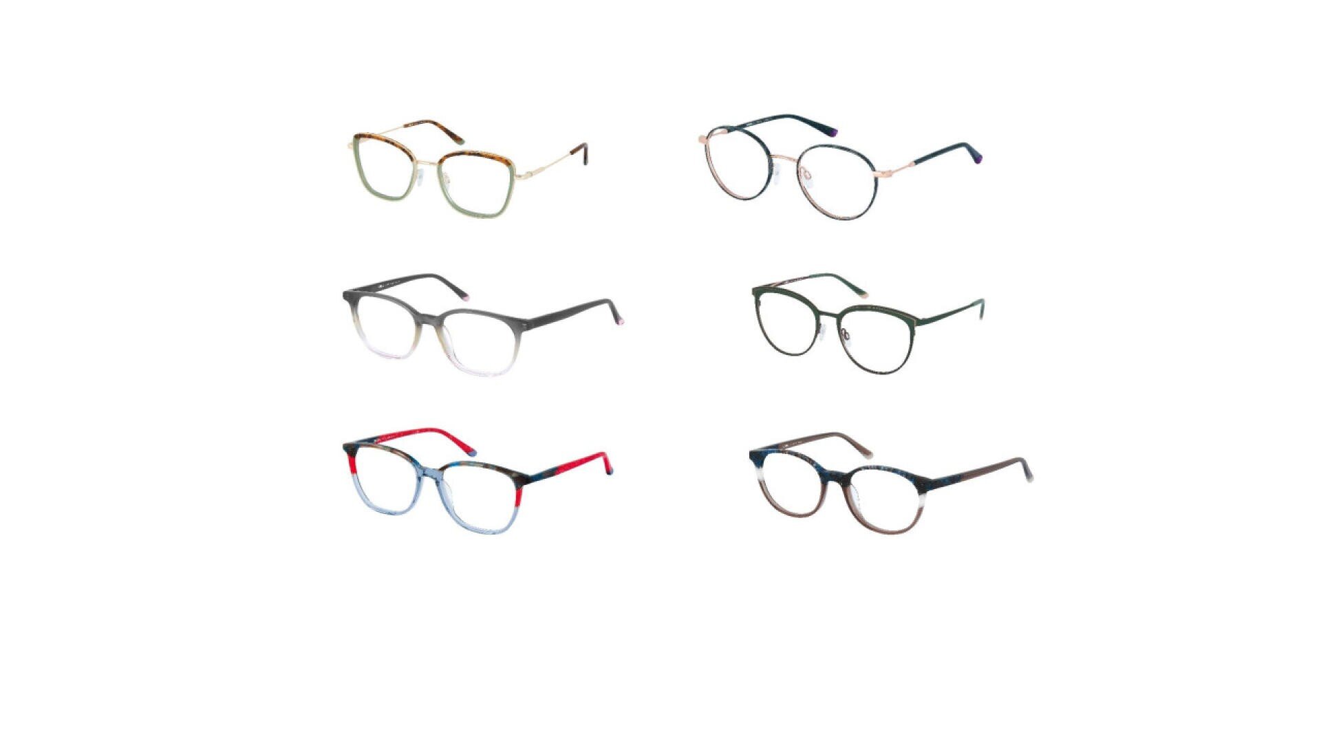 Sechs Brillen mit unterschiedlich farbigen Rahmen sind in zwei Spalten und drei Reihen auf weißem Hintergrund angeordnet. Jede Brille hat eine eigene Rahmenfarbe und ein eigenes Design.