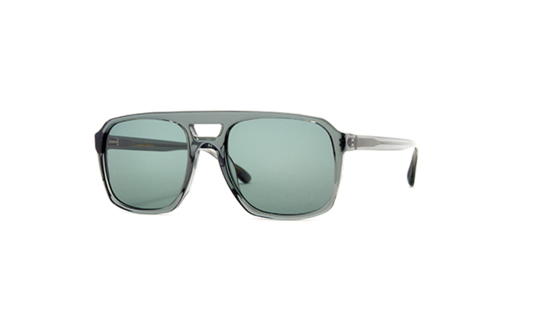 A pair of rectangular, gray-framed sunglasses with green tinted lenses and a double bridge design displayed on a white background.
