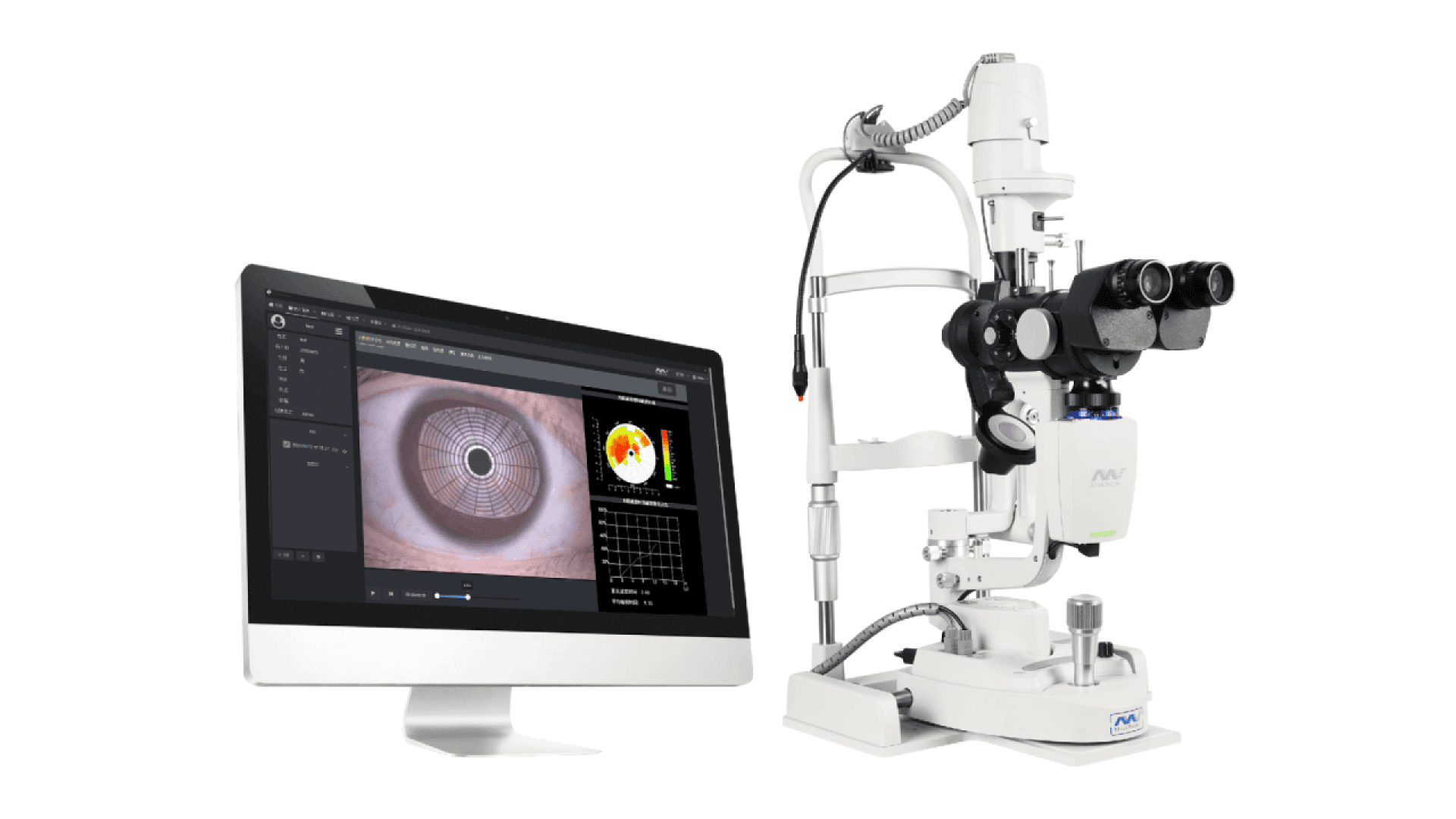 A computer monitor displays a detailed image of an eye and data charts. Next to it is a white slit lamp biomicroscope, a device used for eye examinations.