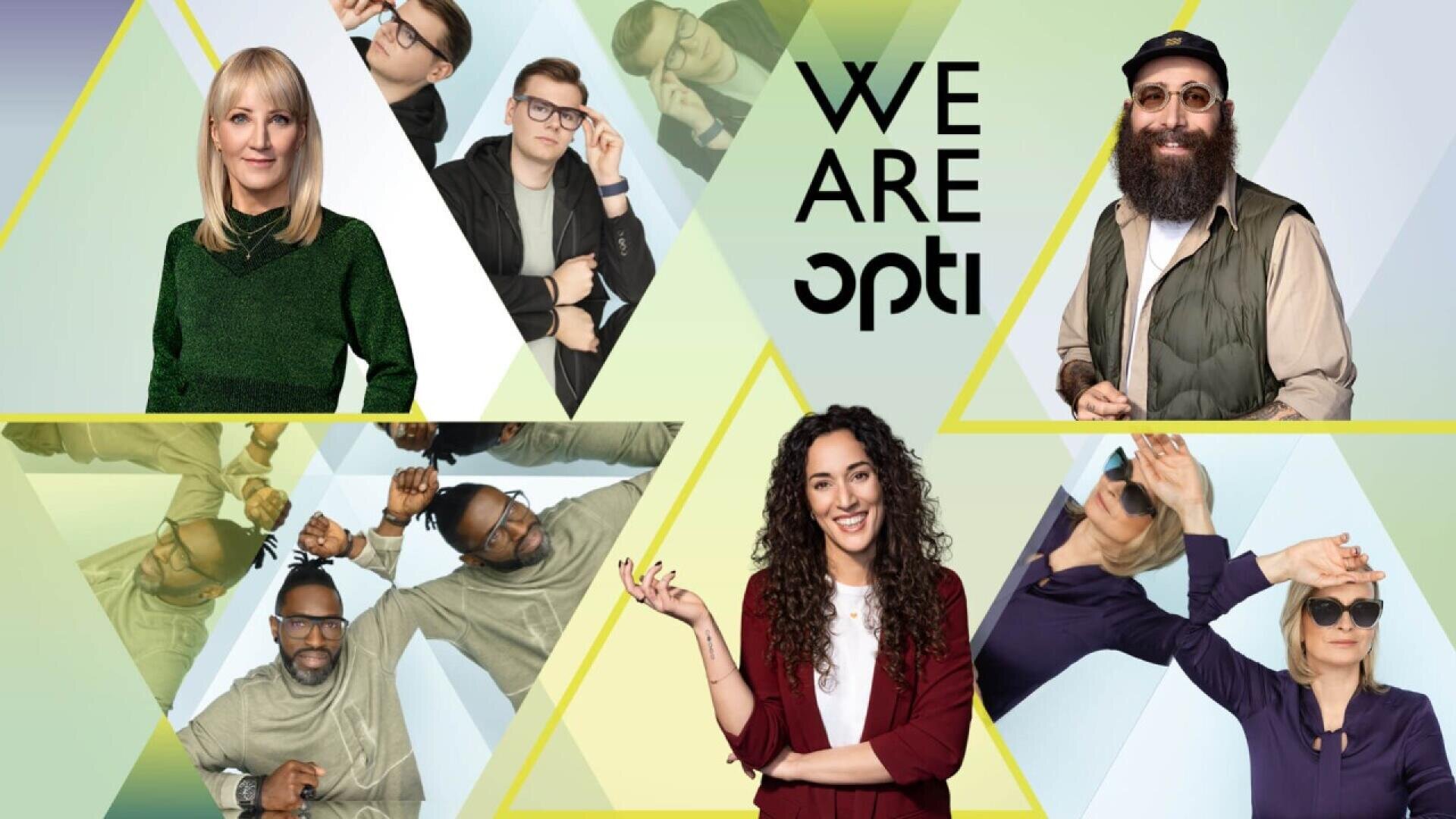 A collage of diverse people posing and smiling in various triangular frames, with the words WE ARE opti in bold black text on a geometric light green and yellow background.